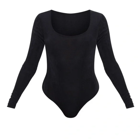 Pretty Little Thing BLACK ACETATE SLINKY SCOOP NECK LONG SLEEVE BODYSUIT - Picture 3 of 7